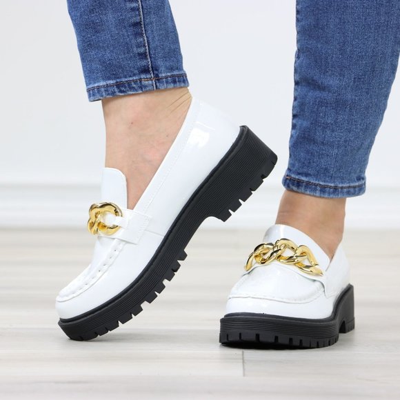 White Patent Chunky Lug Sole Slip On Penny Loafers Platform With Gold Chain - Picture 12 of 16